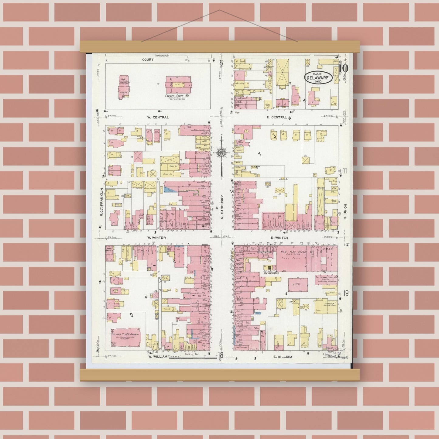 Old map wall art mockup — magnetic wood frame on brick wall — Sanborn Fire Insurance Map from Delaware, Delaware County, Ohio (1911), Sheet #0010
