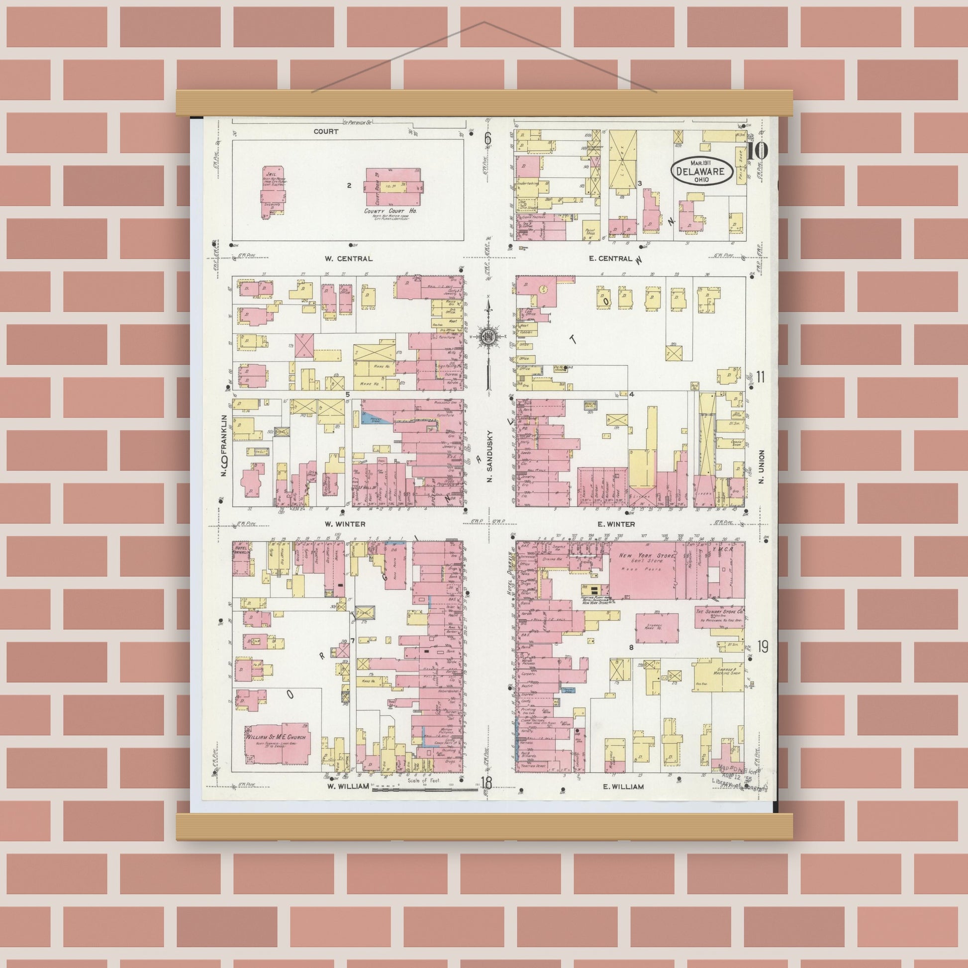 Old map wall art mockup — magnetic wood frame on brick wall — Sanborn Fire Insurance Map from Delaware, Delaware County, Ohio (1911), Sheet #0010