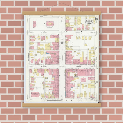 Old map wall art mockup — magnetic wood frame on brick wall — Sanborn Fire Insurance Map from Delaware, Delaware County, Ohio (1911), Sheet #0010