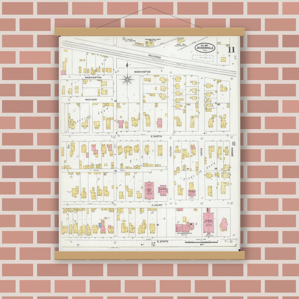 Old map wall art mockup — magnetic wood frame on brick wall — Sanborn Fire Insurance Map from Jacksonville, Morgan County, Illinois (1905), Sheet #0011