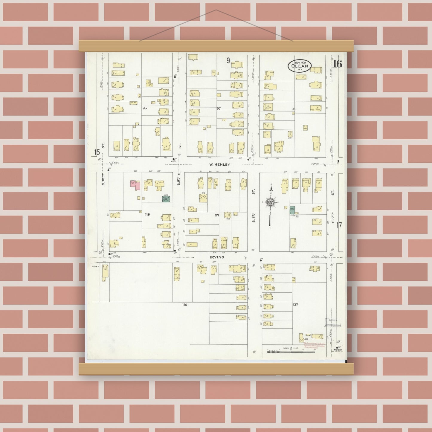Old map wall art mockup — magnetic wood frame on brick wall — Sanborn Fire Insurance Map from Olean, Cattaraugus County, New York (1909), Sheet #0016