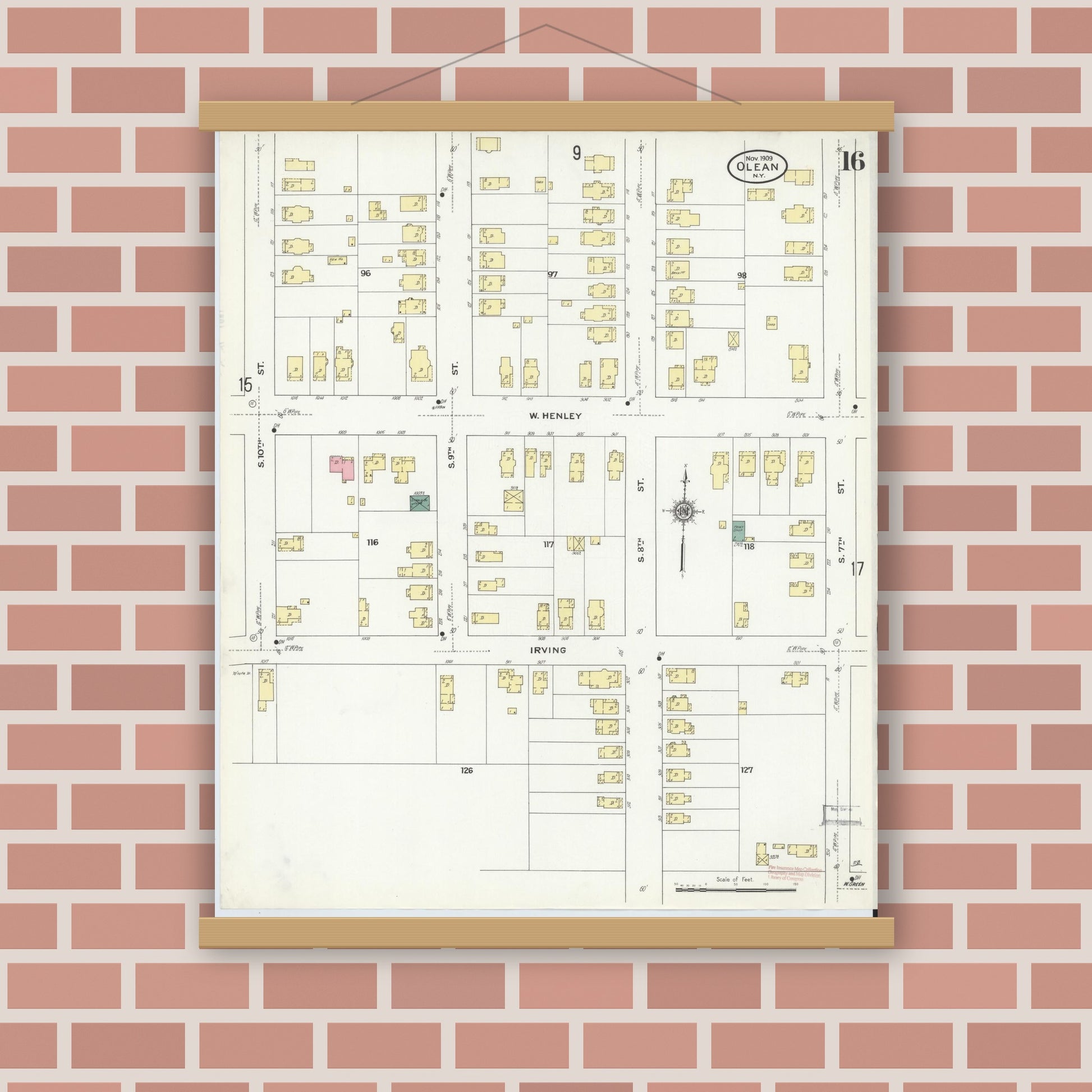 Old map wall art mockup — magnetic wood frame on brick wall — Sanborn Fire Insurance Map from Olean, Cattaraugus County, New York (1909), Sheet #0016