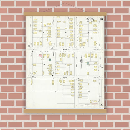 Old map wall art mockup — magnetic wood frame on brick wall — Sanborn Fire Insurance Map from Olean, Cattaraugus County, New York (1909), Sheet #0016