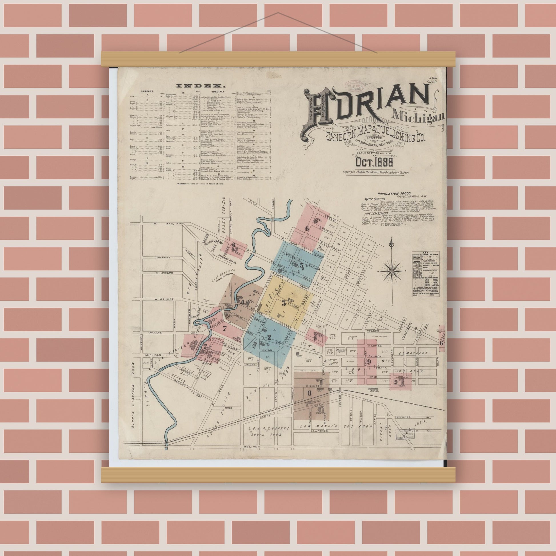 Old map wall art mockup — magnetic wood frame on brick wall — Sanborn Fire Insurance Map from Adrian, Lenawee County, Michigan (1888), Sheet #0001