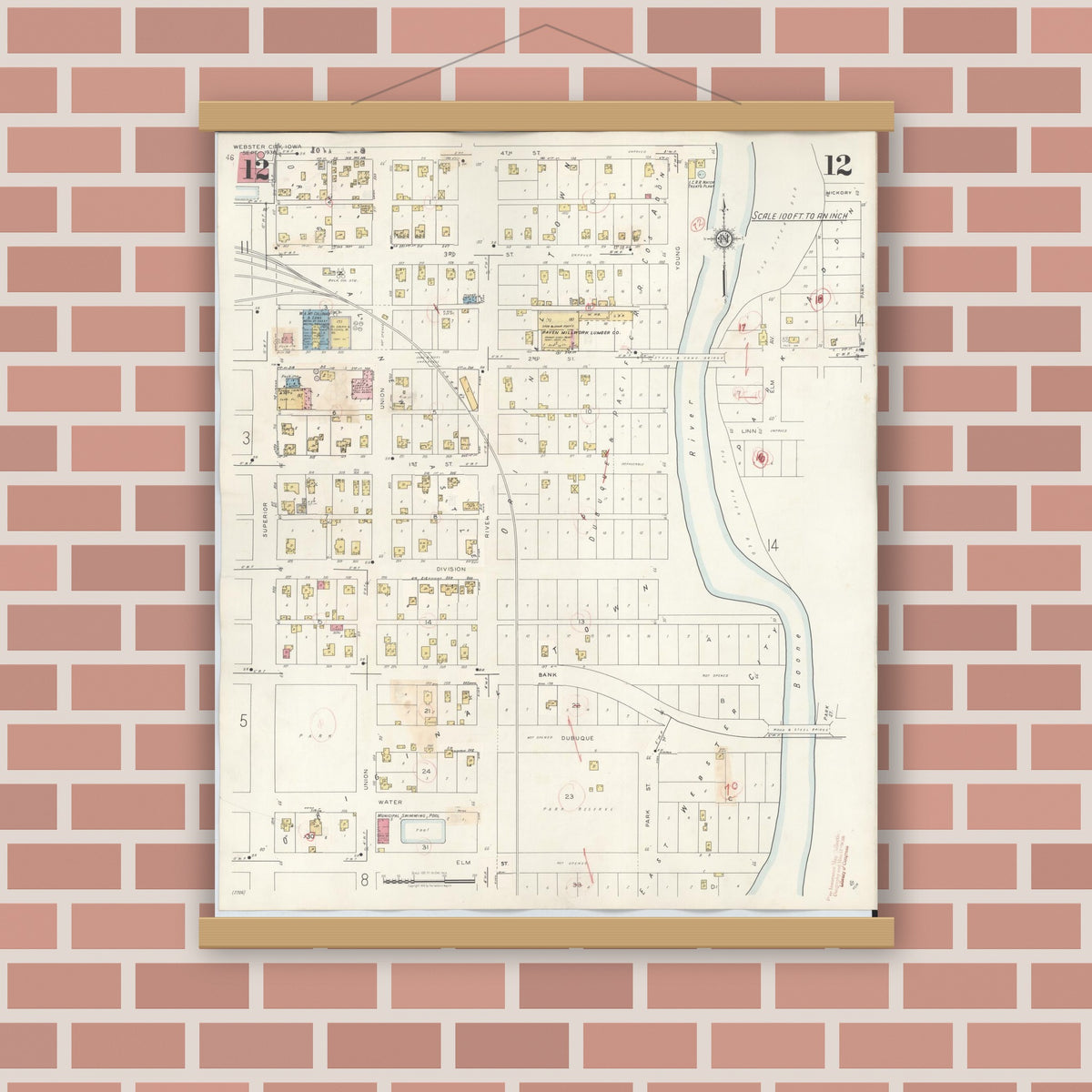 Old map wall art mockup — magnetic wood frame on brick wall — Sanborn Fire Insurance Map from Webster City, Hamilton County, Iowa (1950), Sheet #0012