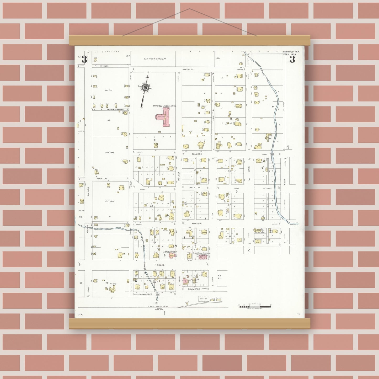 Old map wall art mockup — magnetic wood frame on brick wall — Sanborn Fire Insurance Map from Oakwood, Leon County, Texas (1939), Sheet #0003