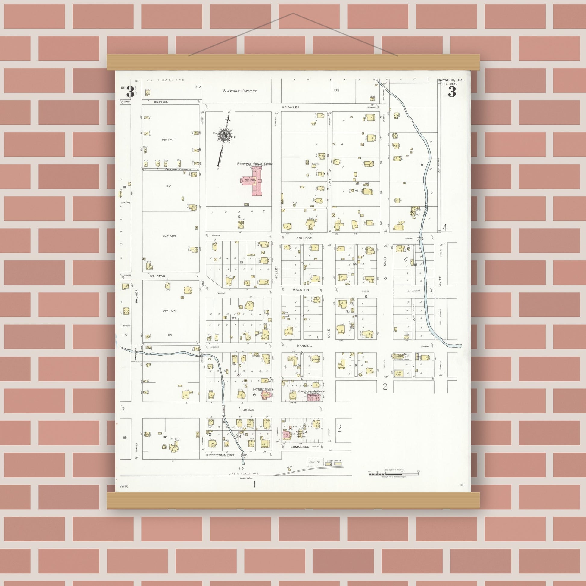 Old map wall art mockup — magnetic wood frame on brick wall — Sanborn Fire Insurance Map from Oakwood, Leon County, Texas (1939), Sheet #0003