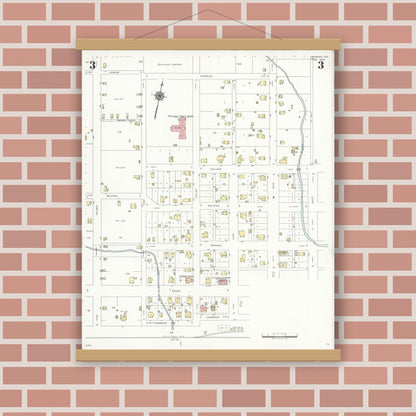 Old map wall art mockup — magnetic wood frame on brick wall — Sanborn Fire Insurance Map from Oakwood, Leon County, Texas (1939), Sheet #0003