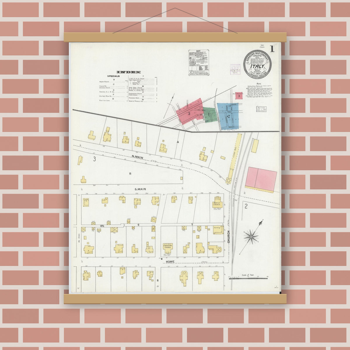 Old map wall art mockup — magnetic wood frame on brick wall — Sanborn Fire Insurance Map from Italy, Ellis County, Texas (1904), Sheet #0001