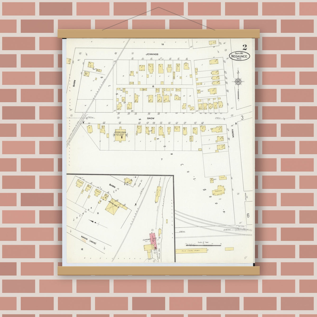 Old map wall art mockup — magnetic wood frame on brick wall — Sanborn Fire Insurance Map from Negaunee, Marquette County, Michigan (1911), Sheet #0002