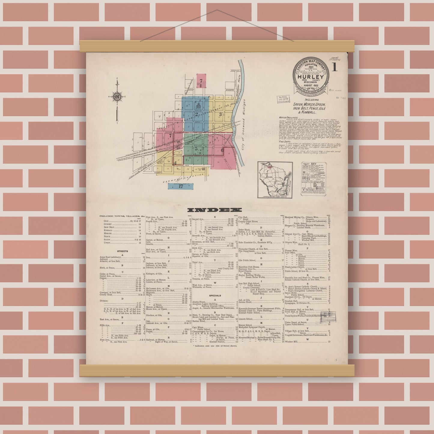 Old map wall art mockup — magnetic wood frame on brick wall — Sanborn Fire Insurance Map from Hurley, Iron County, Wisconsin (1922) - Complete Map Set