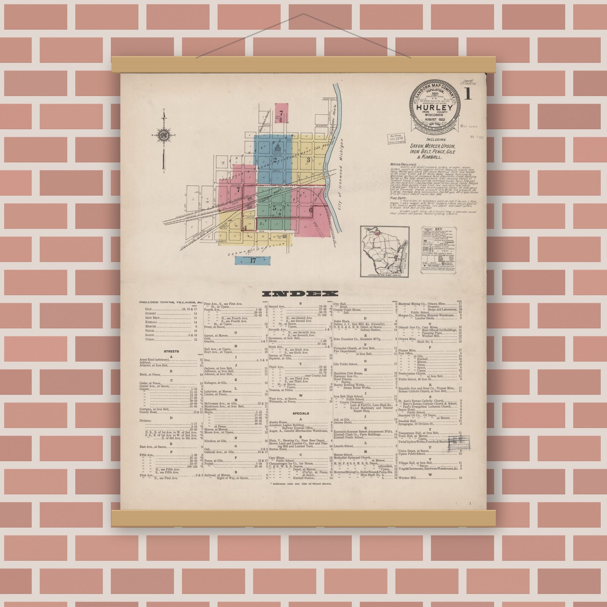 Old map wall art mockup — magnetic wood frame on brick wall — Sanborn Fire Insurance Map from Hurley, Iron County, Wisconsin (1922) - Complete Map Set