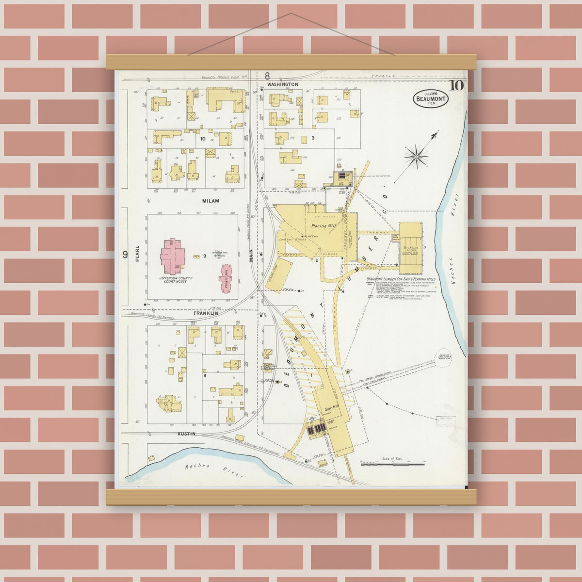 Old map wall art mockup — magnetic wood frame on brick wall — Sanborn Fire Insurance Map from Beaumont, Jefferson County, Texas (1899), Sheet #0010