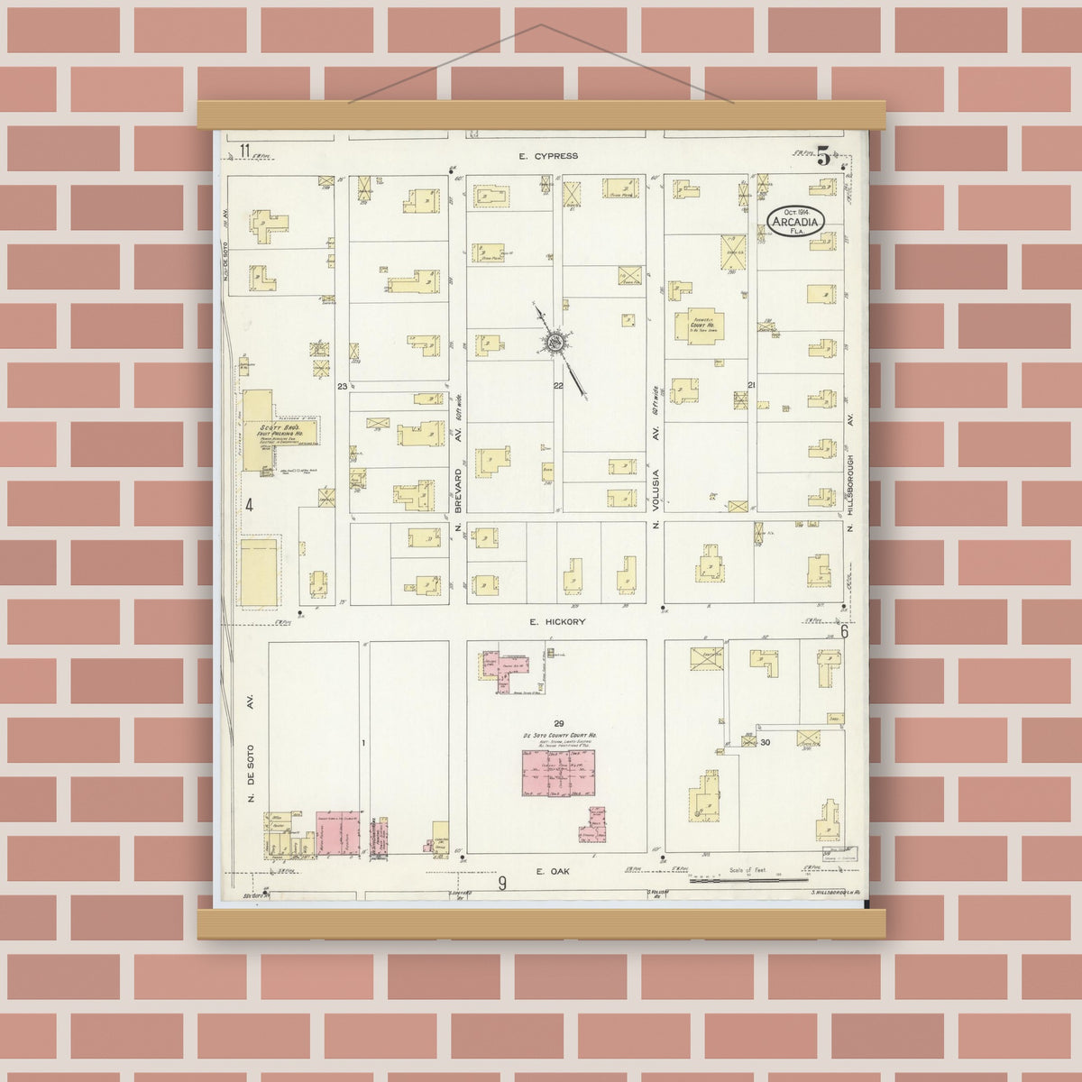 Old map wall art mockup — magnetic wood frame on brick wall — Sanborn Fire Insurance Map from Arcadia, DeSoto County, Florida (1914), Sheet #0005