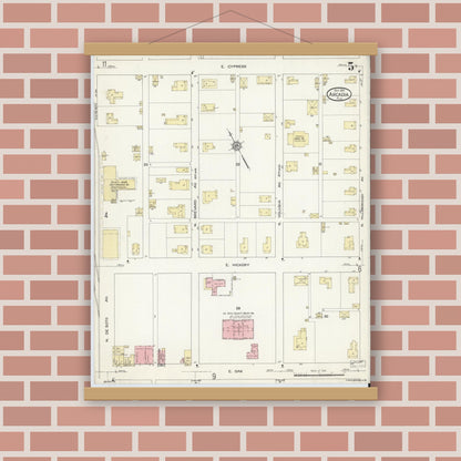 Old map wall art mockup — magnetic wood frame on brick wall — Sanborn Fire Insurance Map from Arcadia, DeSoto County, Florida (1914), Sheet #0005