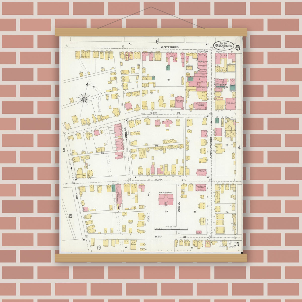 Old map wall art mockup — magnetic wood frame on brick wall — Sanborn Fire Insurance Map from Greensburg, Westmoreland County, Pennsylvania (1903), Sheet #0005