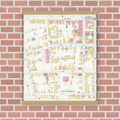 Old map wall art mockup — magnetic wood frame on brick wall — Sanborn Fire Insurance Map from Greensburg, Westmoreland County, Pennsylvania (1903), Sheet #0005