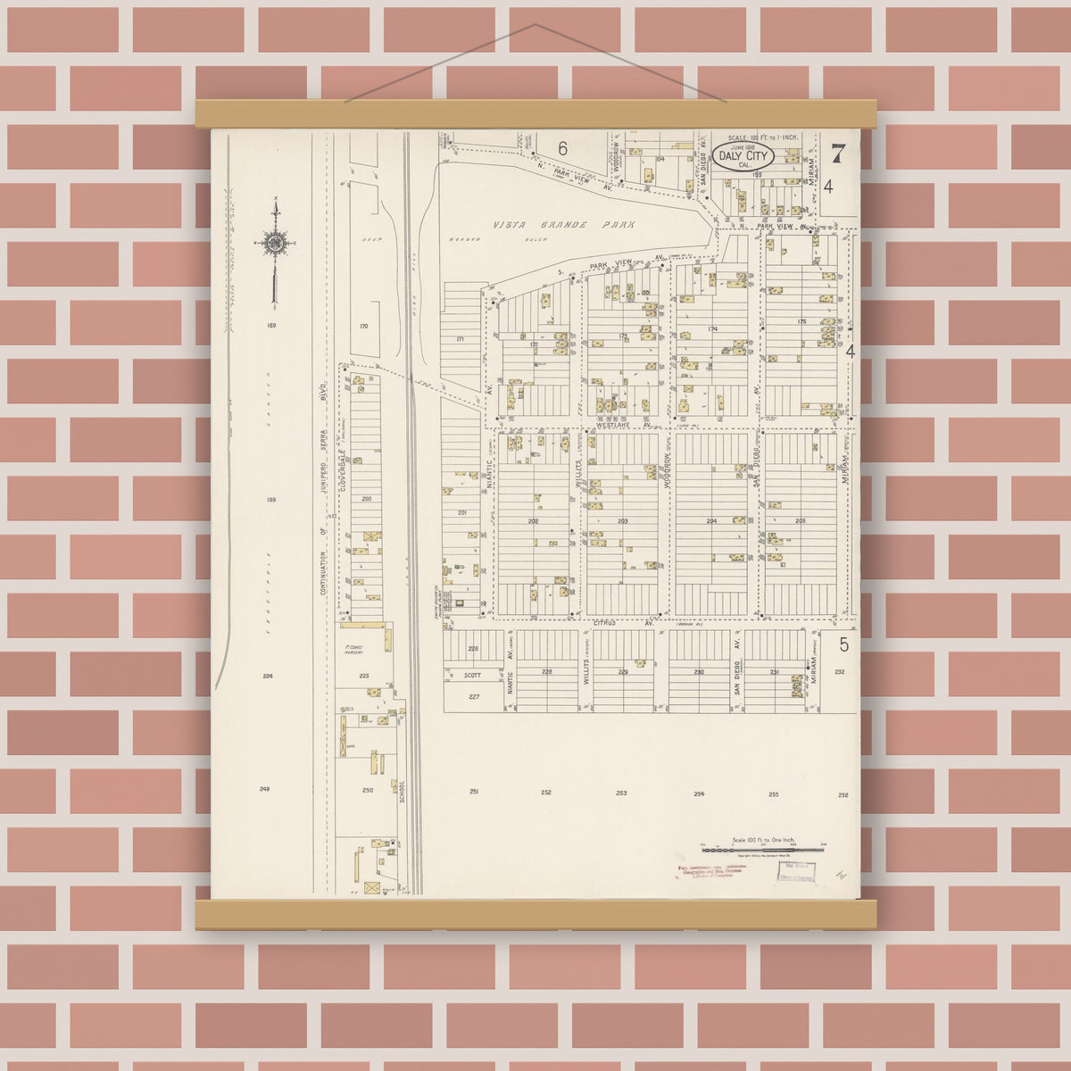 Old map wall art mockup — magnetic wood frame on brick wall — Sanborn Fire Insurance Map from Daly City, San Mateo County, California (1918), Sheet #0007