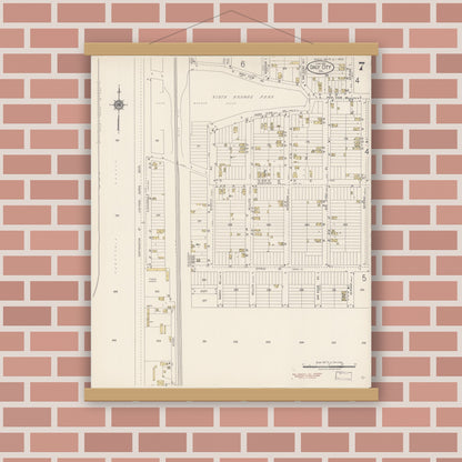 Old map wall art mockup — magnetic wood frame on brick wall — Sanborn Fire Insurance Map from Daly City, San Mateo County, California (1918), Sheet #0007