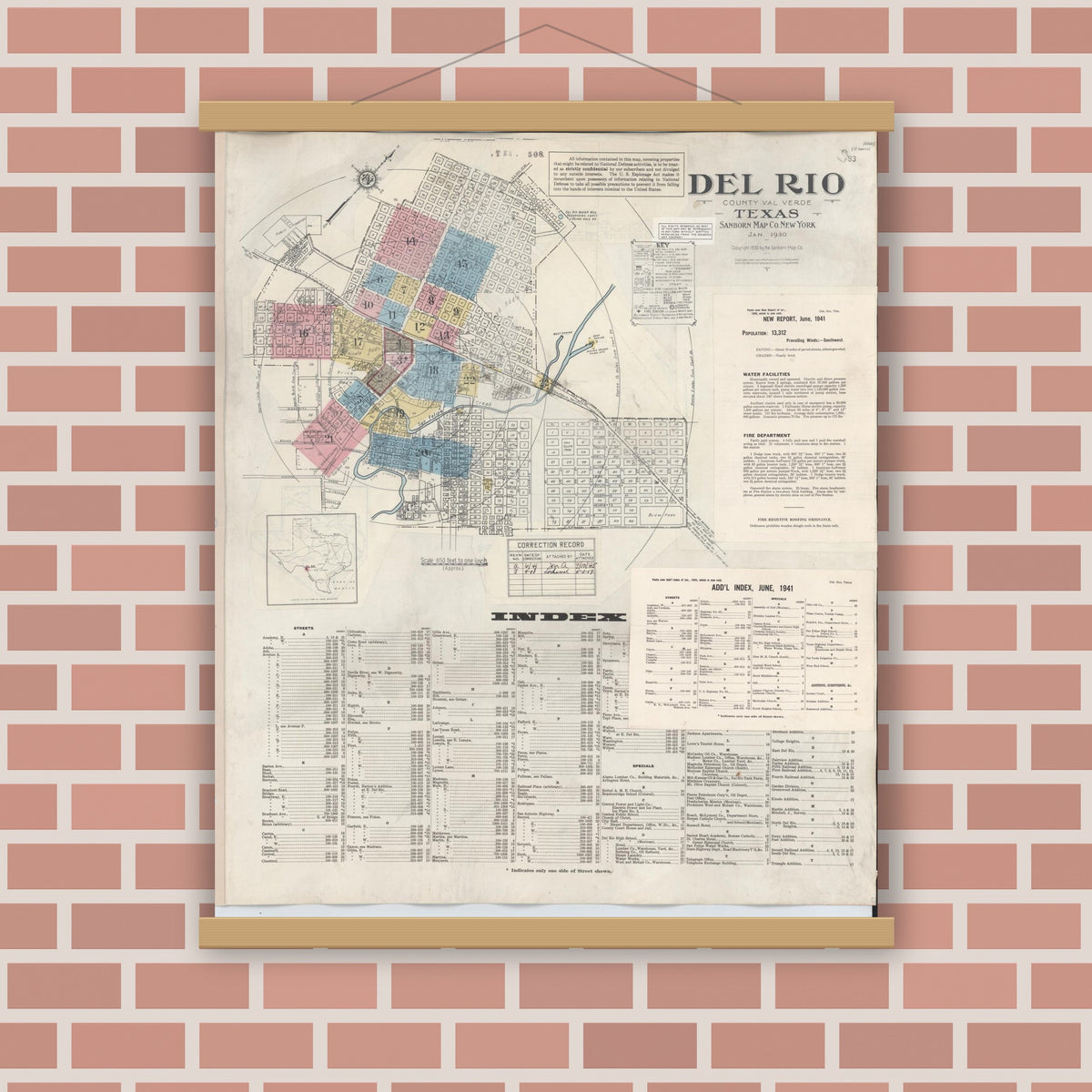 Old map wall art mockup — magnetic wood frame on brick wall — Sanborn Fire Insurance Map from Del Rio, Val Verde County, Texas (1948) - Complete Map Set