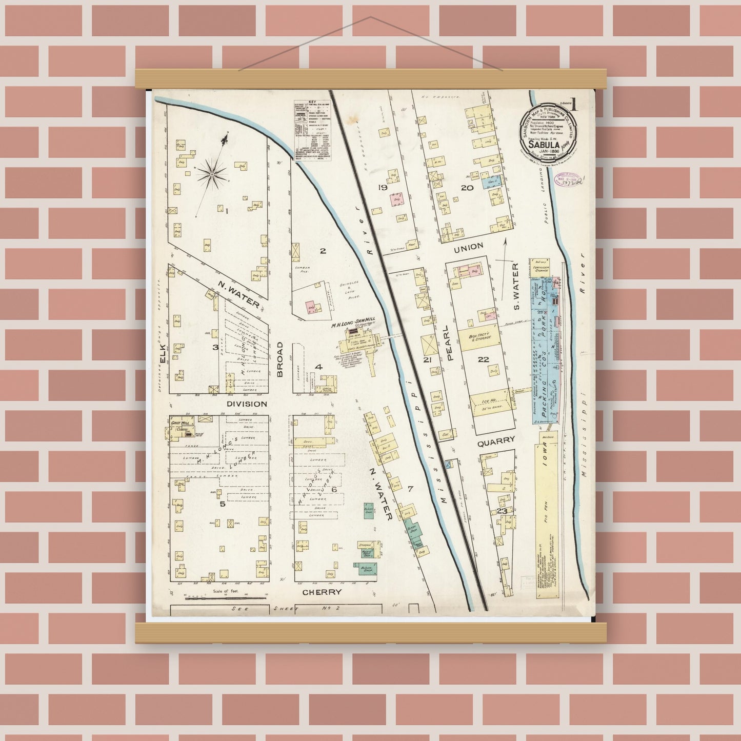 Old map wall art mockup — magnetic wood frame on brick wall — Sanborn Fire Insurance Map from Sabula, Jackson County, Iowa (1886), Sheet #0001