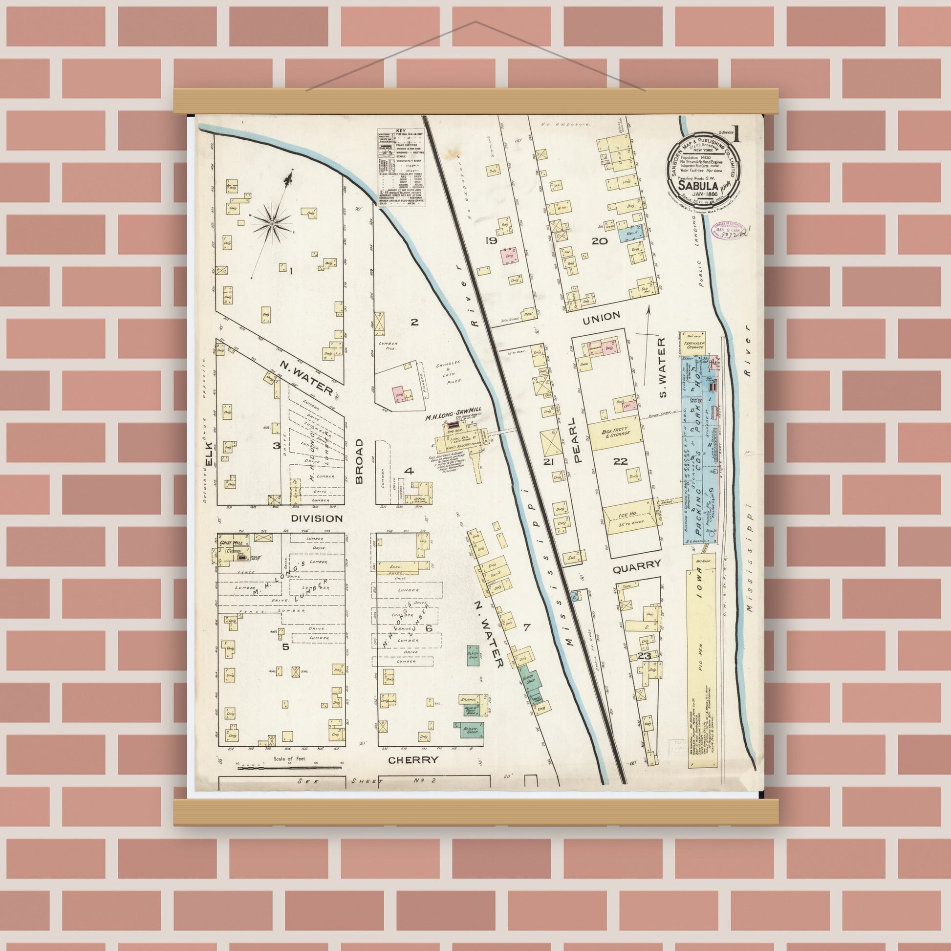Old map wall art mockup — magnetic wood frame on brick wall — Sanborn Fire Insurance Map from Sabula, Jackson County, Iowa (1886), Sheet #0001