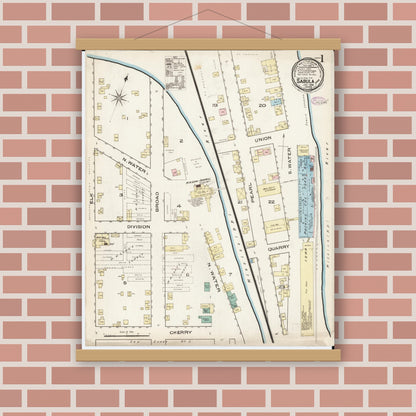 Old map wall art mockup — magnetic wood frame on brick wall — Sanborn Fire Insurance Map from Sabula, Jackson County, Iowa (1886), Sheet #0001