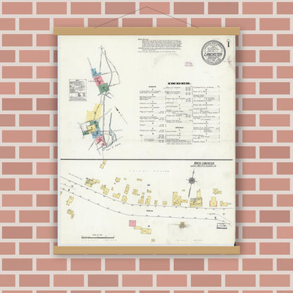 Old map wall art mockup — magnetic wood frame on brick wall — Sanborn Fire Insurance Map from Lancaster, Worcester County, Massachusetts (1910), Sheet #0001