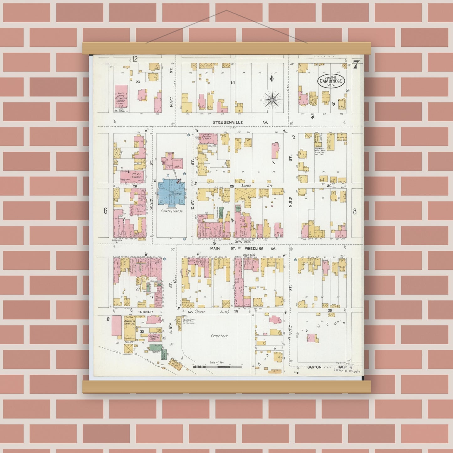 Old map wall art mockup — magnetic wood frame on brick wall — Sanborn Fire Insurance Map from Cambridge, Guernsey County, Ohio (1901), Sheet #0007