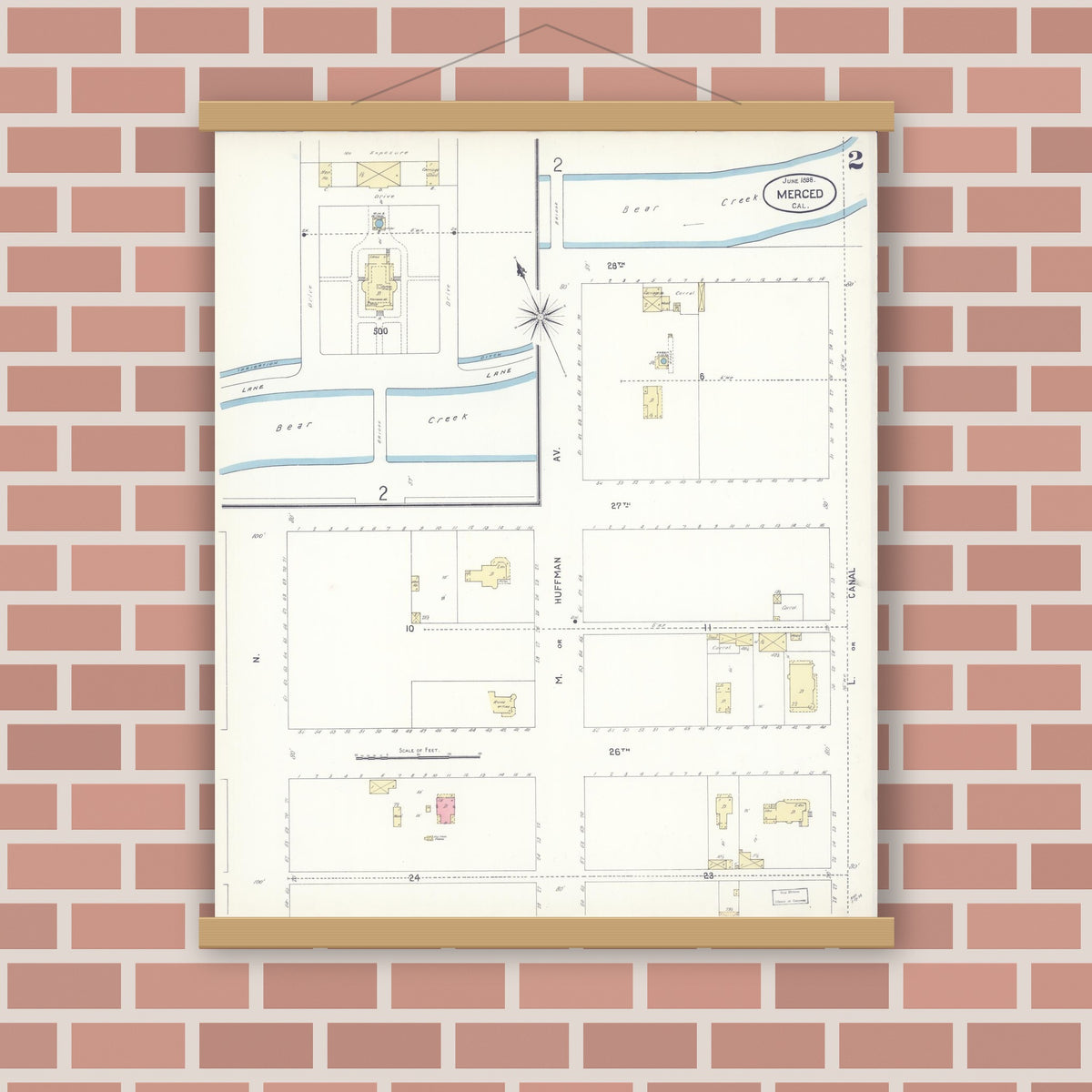 Old map wall art mockup — magnetic wood frame on brick wall — Sanborn Fire Insurance Map from Merced, Merced County, California (1898), Sheet #0002