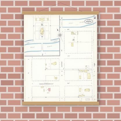 Old map wall art mockup — magnetic wood frame on brick wall — Sanborn Fire Insurance Map from Merced, Merced County, California (1898), Sheet #0002