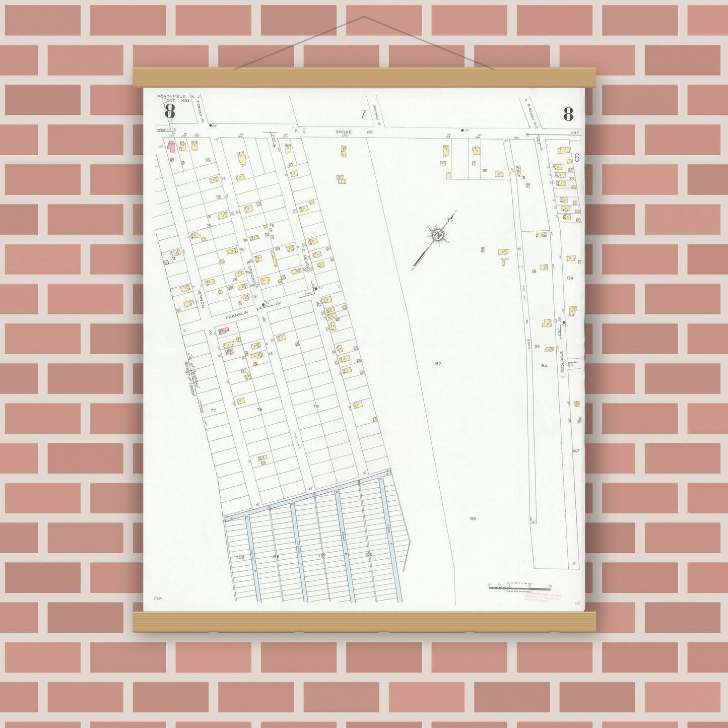 Old map wall art mockup — magnetic wood frame on brick wall — Sanborn Fire Insurance Map from Northfield, Atlantic County, New Jersey (1933), Sheet #0008