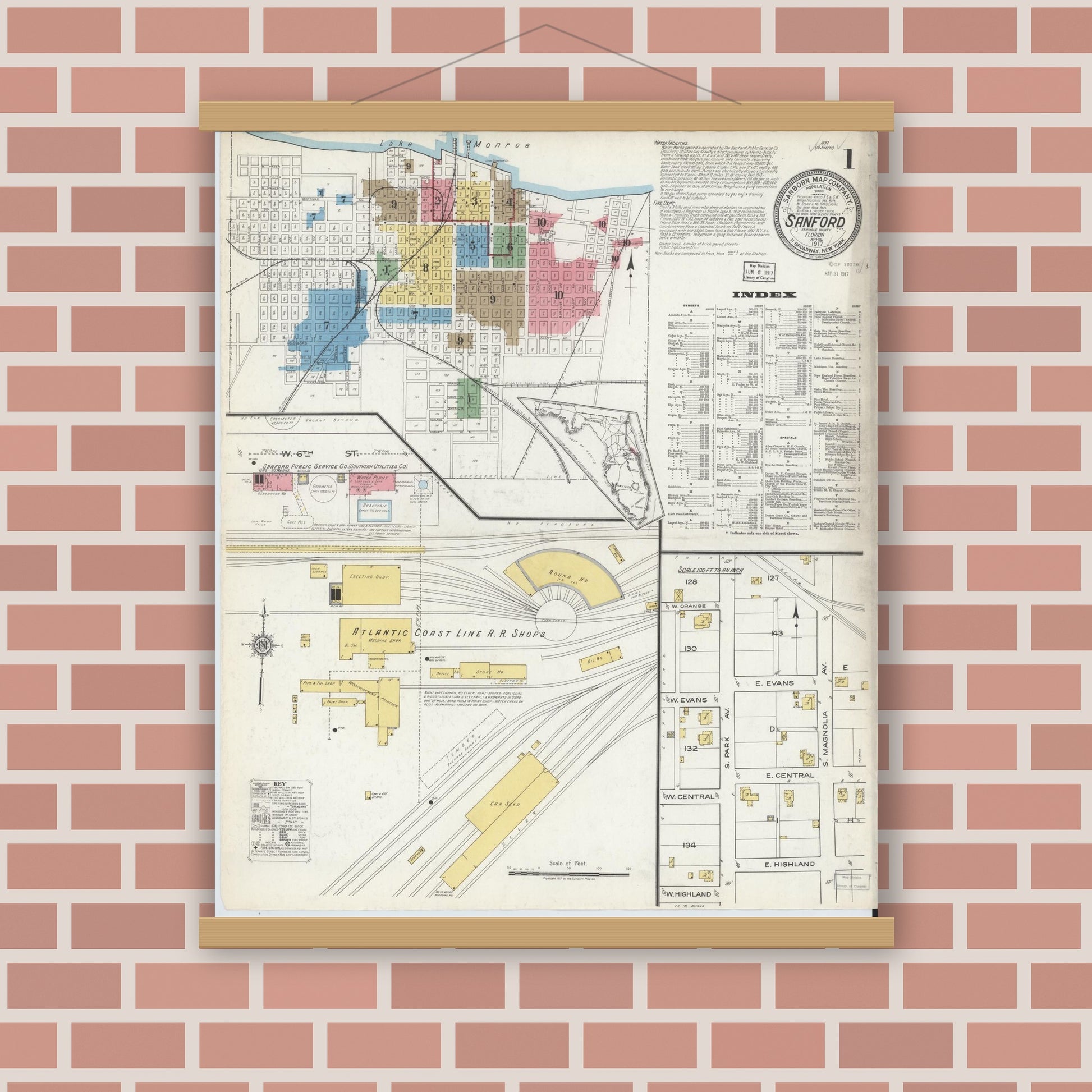 Old map wall art mockup — magnetic wood frame on brick wall — Sanborn Fire Insurance Map from Sanford, Seminole County, Florida (1917) - Complete Map Set