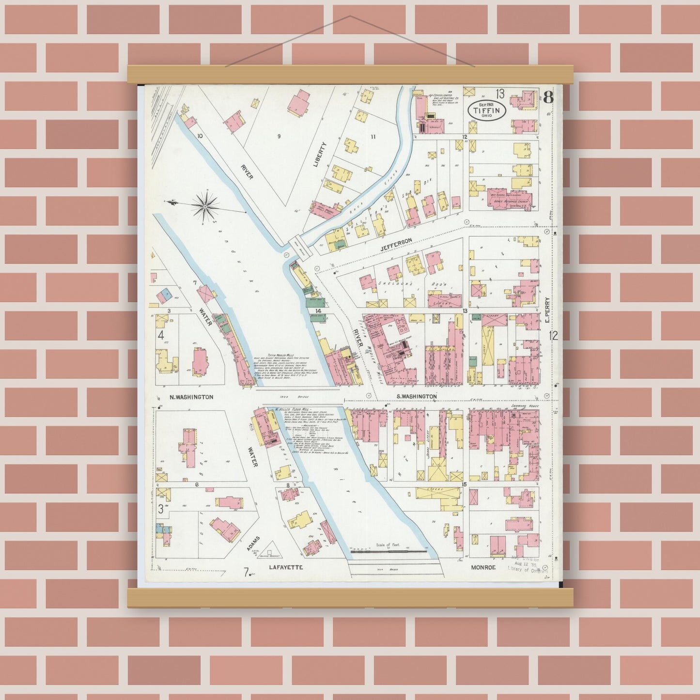 Old map wall art mockup — magnetic wood frame on brick wall — Sanborn Fire Insurance Map from Tiffin, Seneca County, Ohio (1901), Sheet #0008