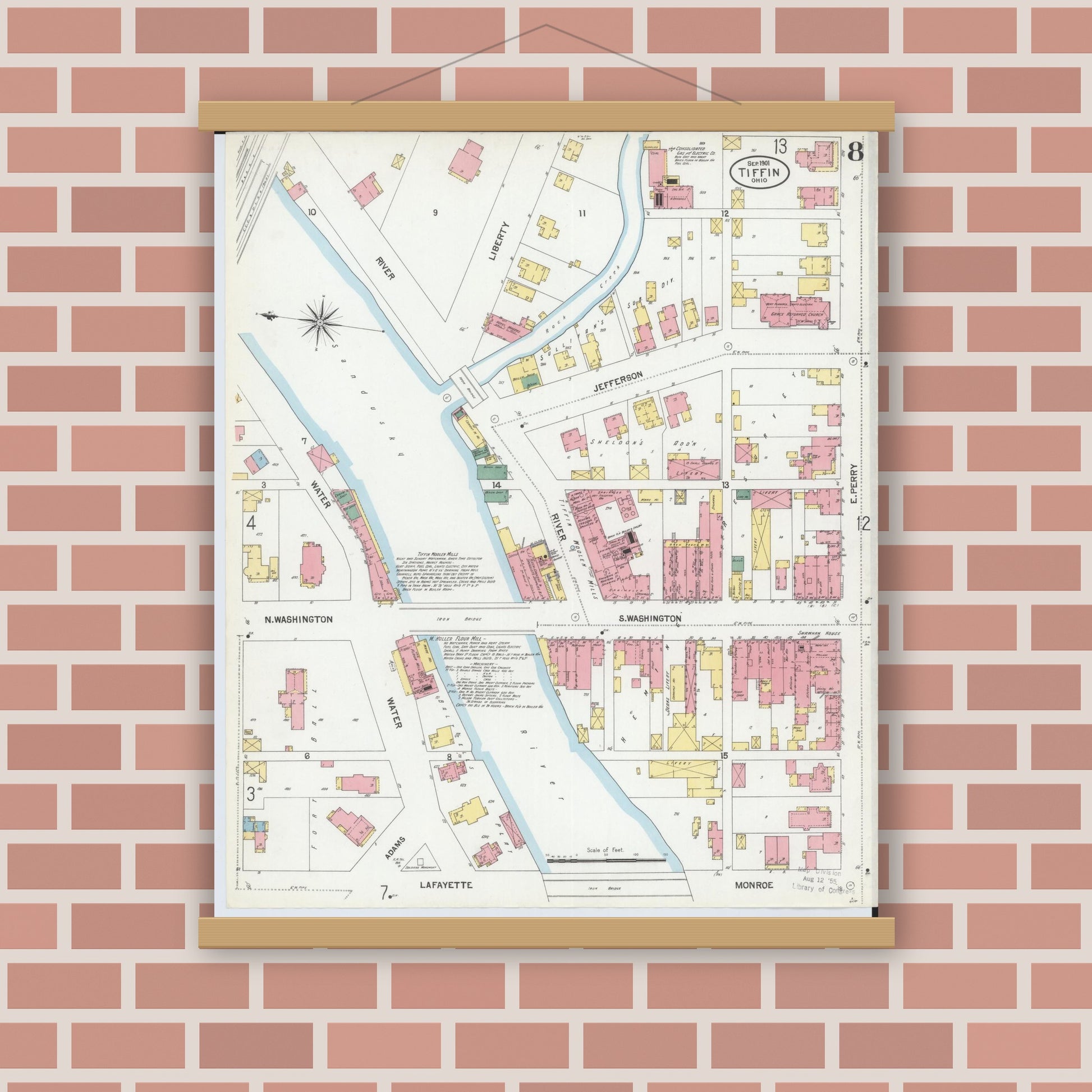 Old map wall art mockup — magnetic wood frame on brick wall — Sanborn Fire Insurance Map from Tiffin, Seneca County, Ohio (1901), Sheet #0008