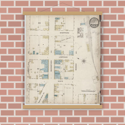 Old map wall art mockup — magnetic wood frame on brick wall — Sanborn Fire Insurance Map from Round Rock, Williamson County, Texas (1885), Sheet #0001