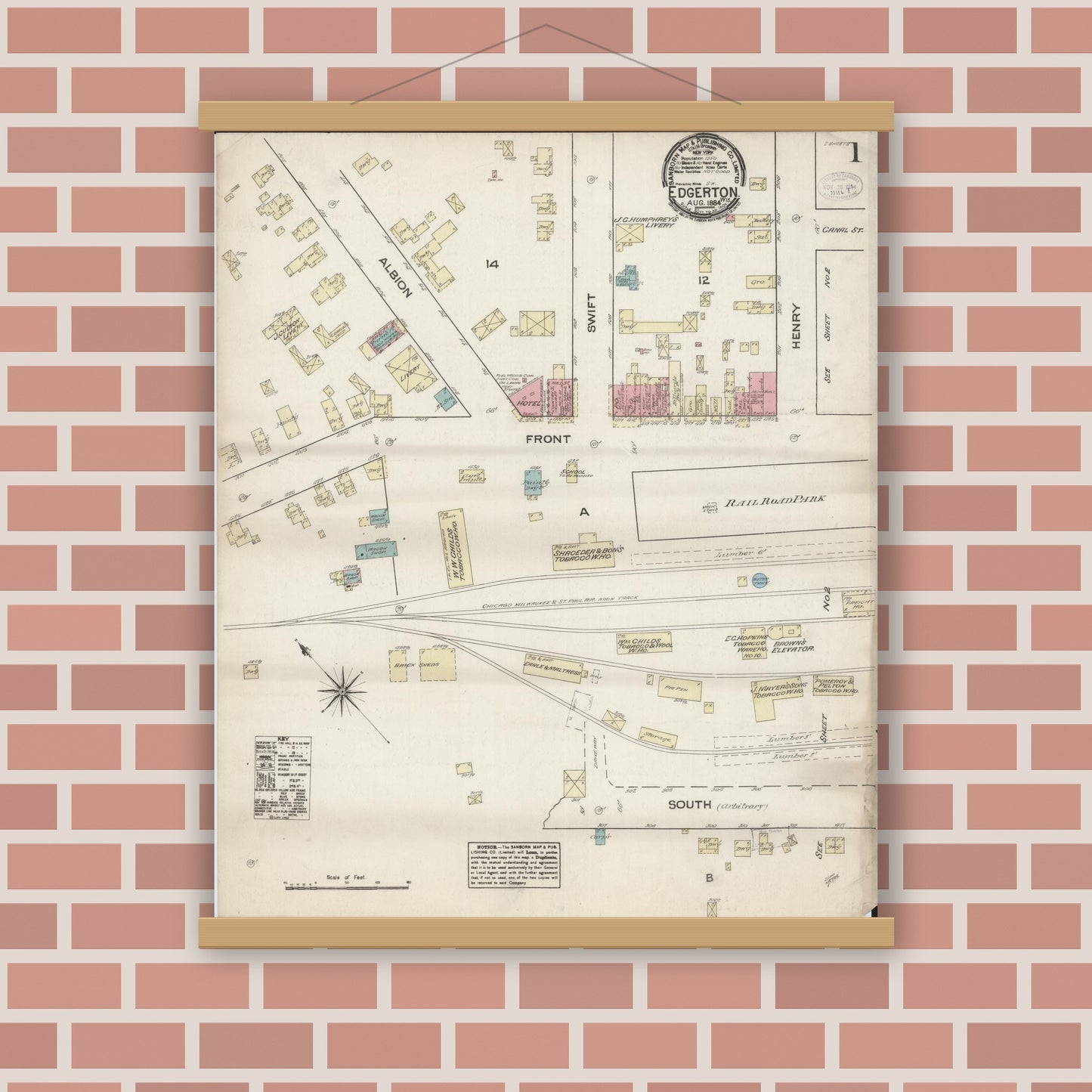 Old map wall art mockup — magnetic wood frame on brick wall — Sanborn Fire Insurance Map from Edgerton, Rock County, Wisconsin (1884) - Complete Map Set