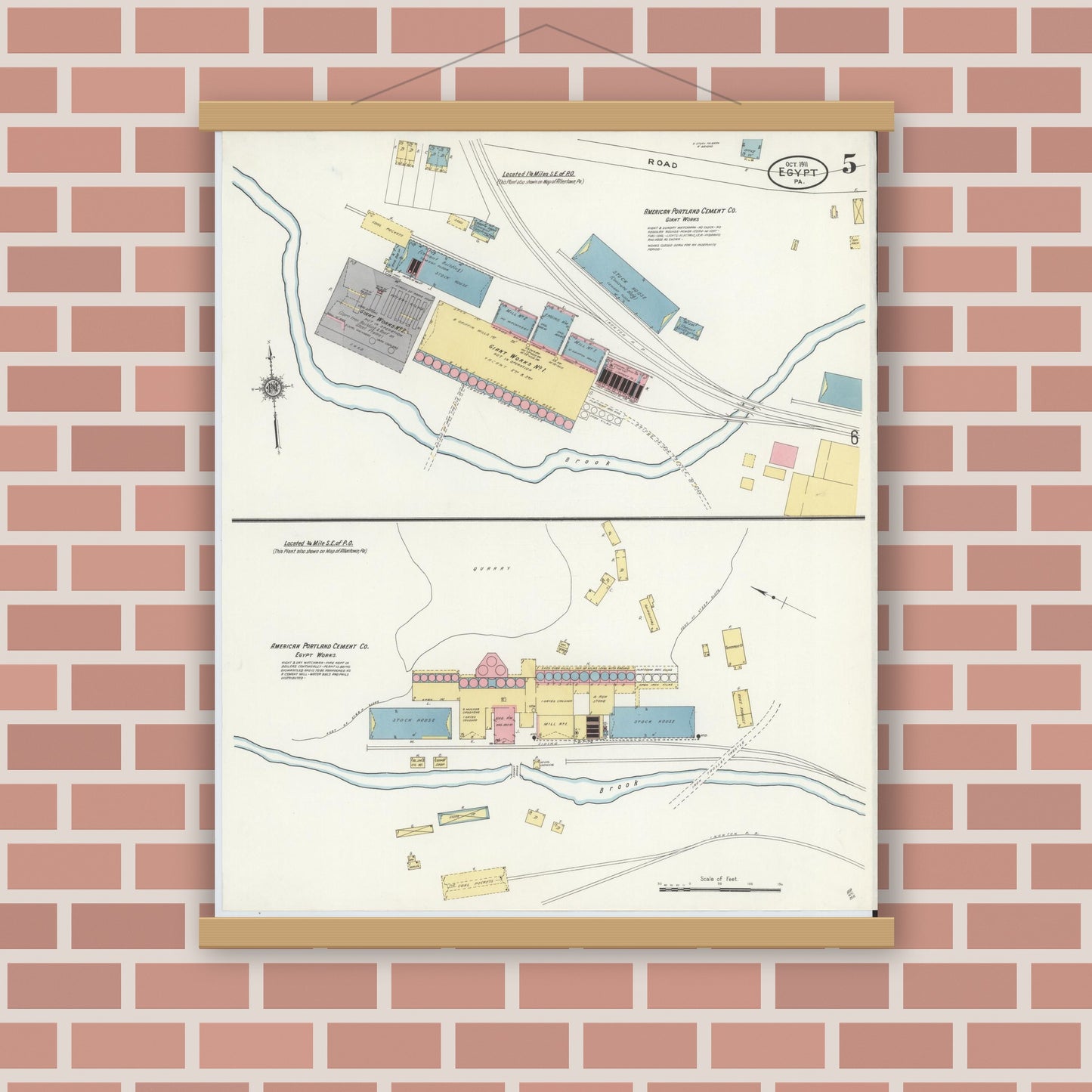 Old map wall art mockup — magnetic wood frame on brick wall — Sanborn Fire Insurance Map from Egypt, Lehigh County, Pennsylvania (1911), Sheet #0005