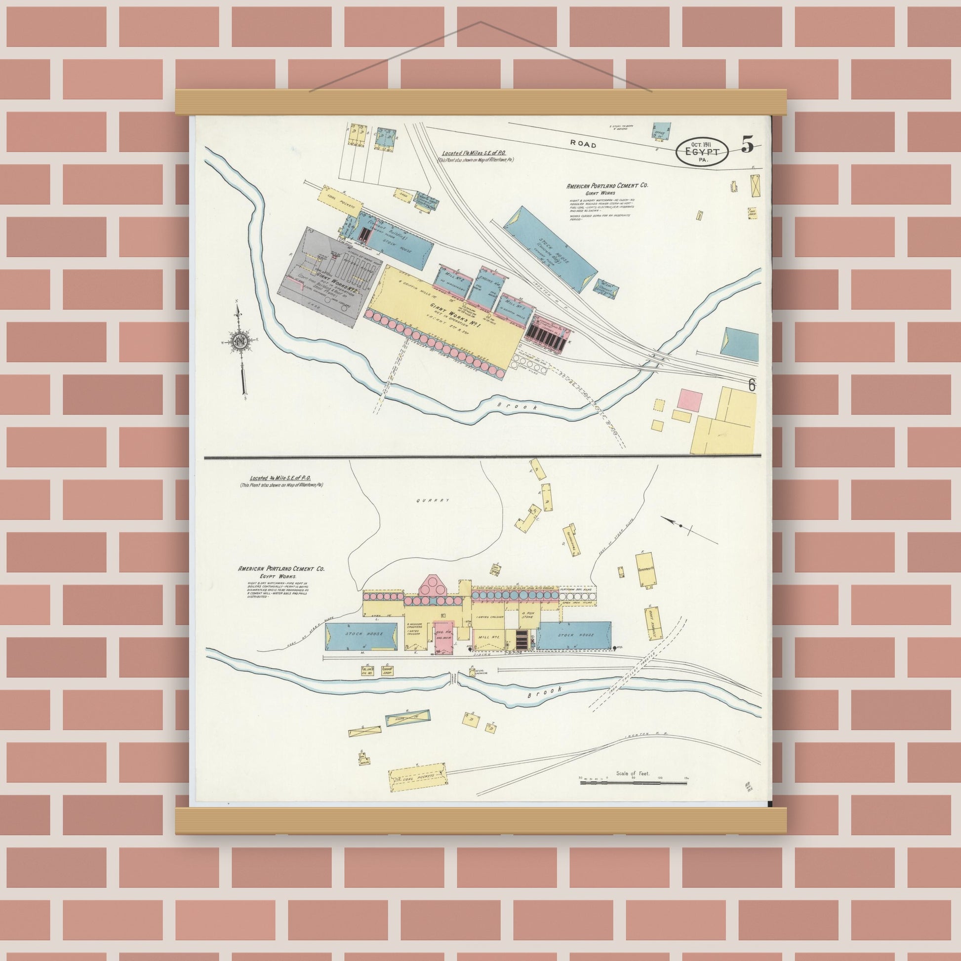 Old map wall art mockup — magnetic wood frame on brick wall — Sanborn Fire Insurance Map from Egypt, Lehigh County, Pennsylvania (1911), Sheet #0005