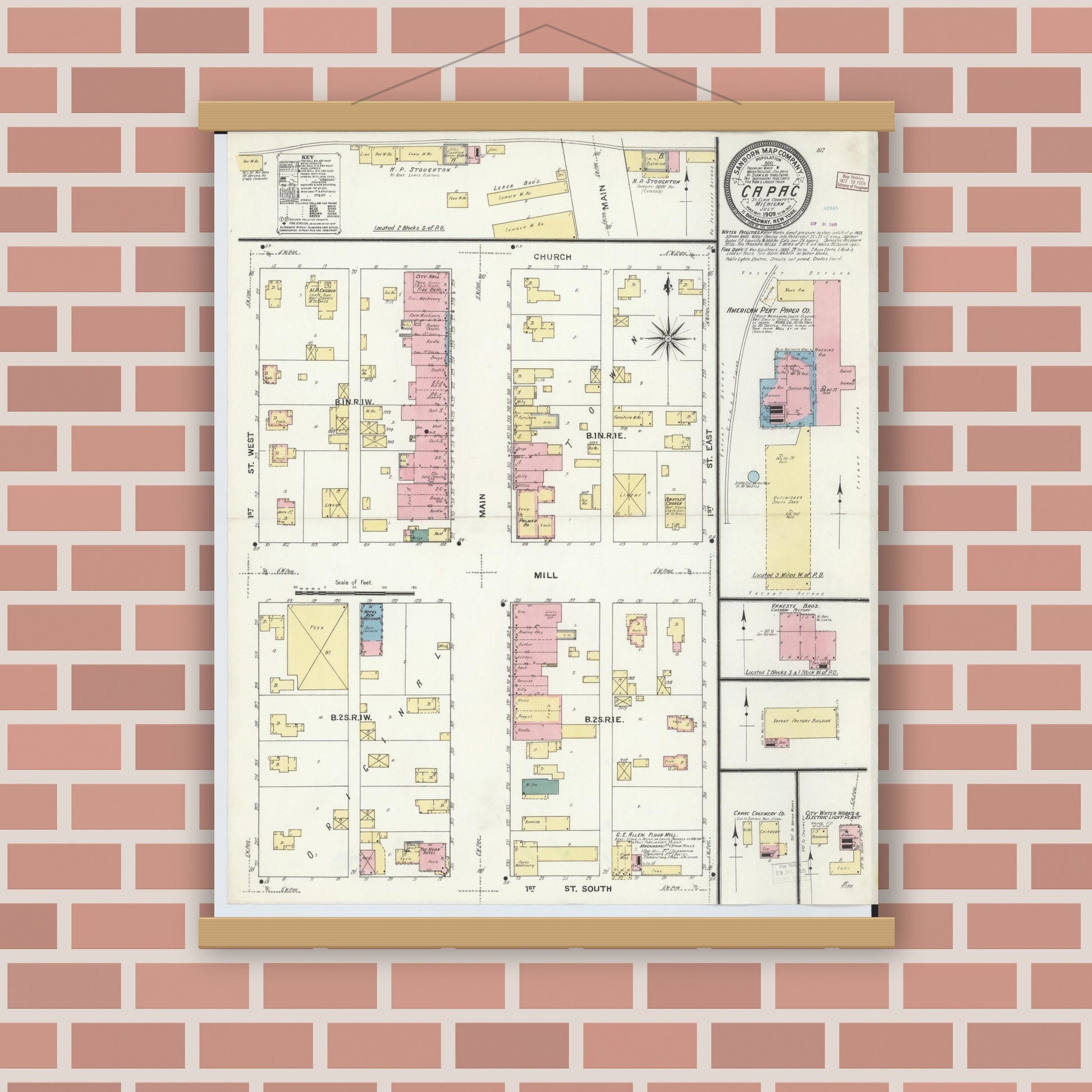 Old map wall art mockup — magnetic wood frame on brick wall — Sanborn Fire Insurance Map from Capac, Saint Clair County, Michigan (1909), Sheet #0001