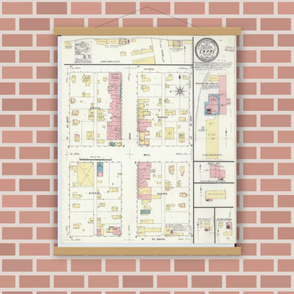 Old map wall art mockup — magnetic wood frame on brick wall — Sanborn Fire Insurance Map from Capac, Saint Clair County, Michigan (1909), Sheet #0001