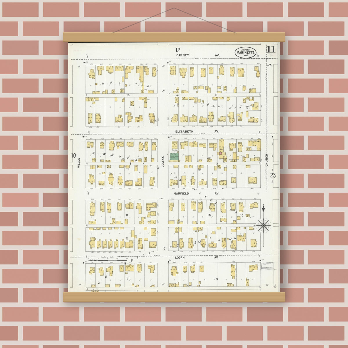 Old map wall art mockup — magnetic wood frame on brick wall — Sanborn Fire Insurance Map from Marinette, Marinette County, Wisconsin (1901), Sheet #0011