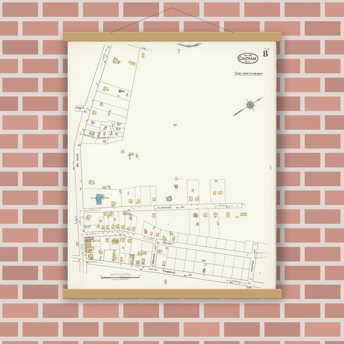 Old map wall art mockup — magnetic wood frame on brick wall — Sanborn Fire Insurance Map from Chatham, Morris County, New Jersey (1921), Sheet #0008