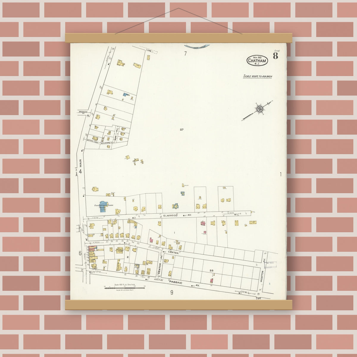 Old map wall art mockup — magnetic wood frame on brick wall — Sanborn Fire Insurance Map from Chatham, Morris County, New Jersey (1921), Sheet #0008