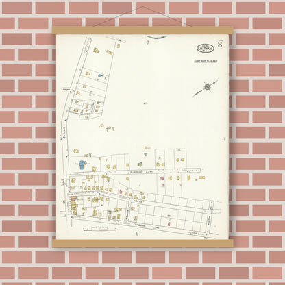Old map wall art mockup — magnetic wood frame on brick wall — Sanborn Fire Insurance Map from Chatham, Morris County, New Jersey (1921), Sheet #0008