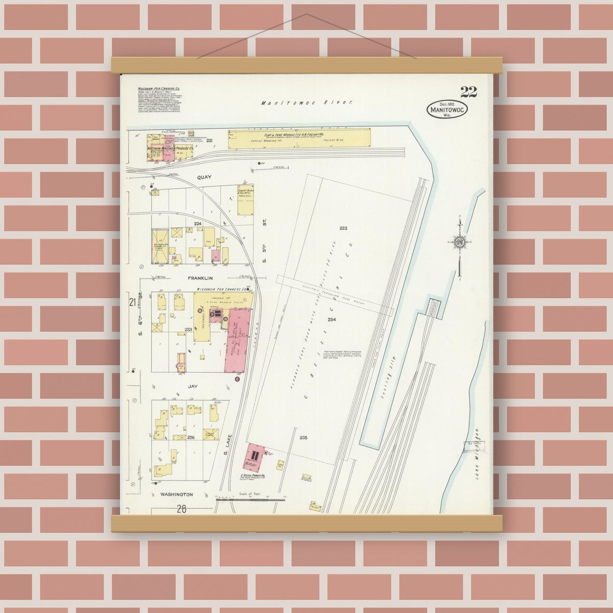 Old map wall art mockup — magnetic wood frame on brick wall — Sanborn Fire Insurance Map from Manitowoc, Manitowoc County, Wisconsin (1912), Sheet #0022