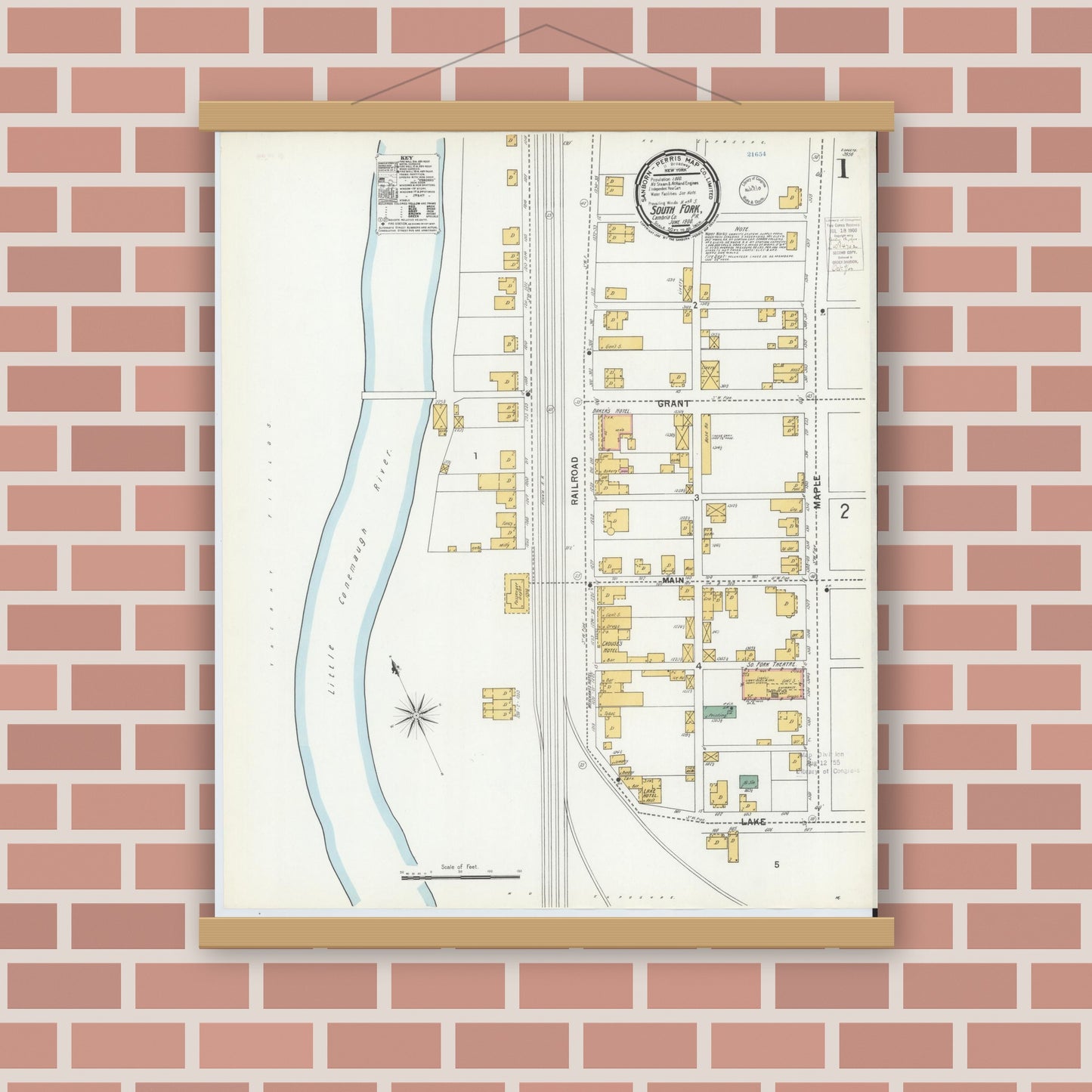 Old map wall art mockup — magnetic wood frame on brick wall — Sanborn Fire Insurance Map from South Fork, Cambria County, Pennsylvania (1900), Sheet #0001