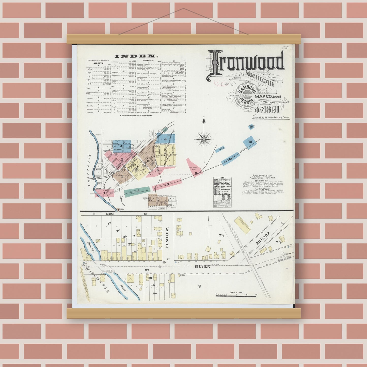 Old map wall art mockup — magnetic wood frame on brick wall — Sanborn Fire Insurance Map from Ironwood, Gogebic County, Michigan (1891) - Complete Map Set
