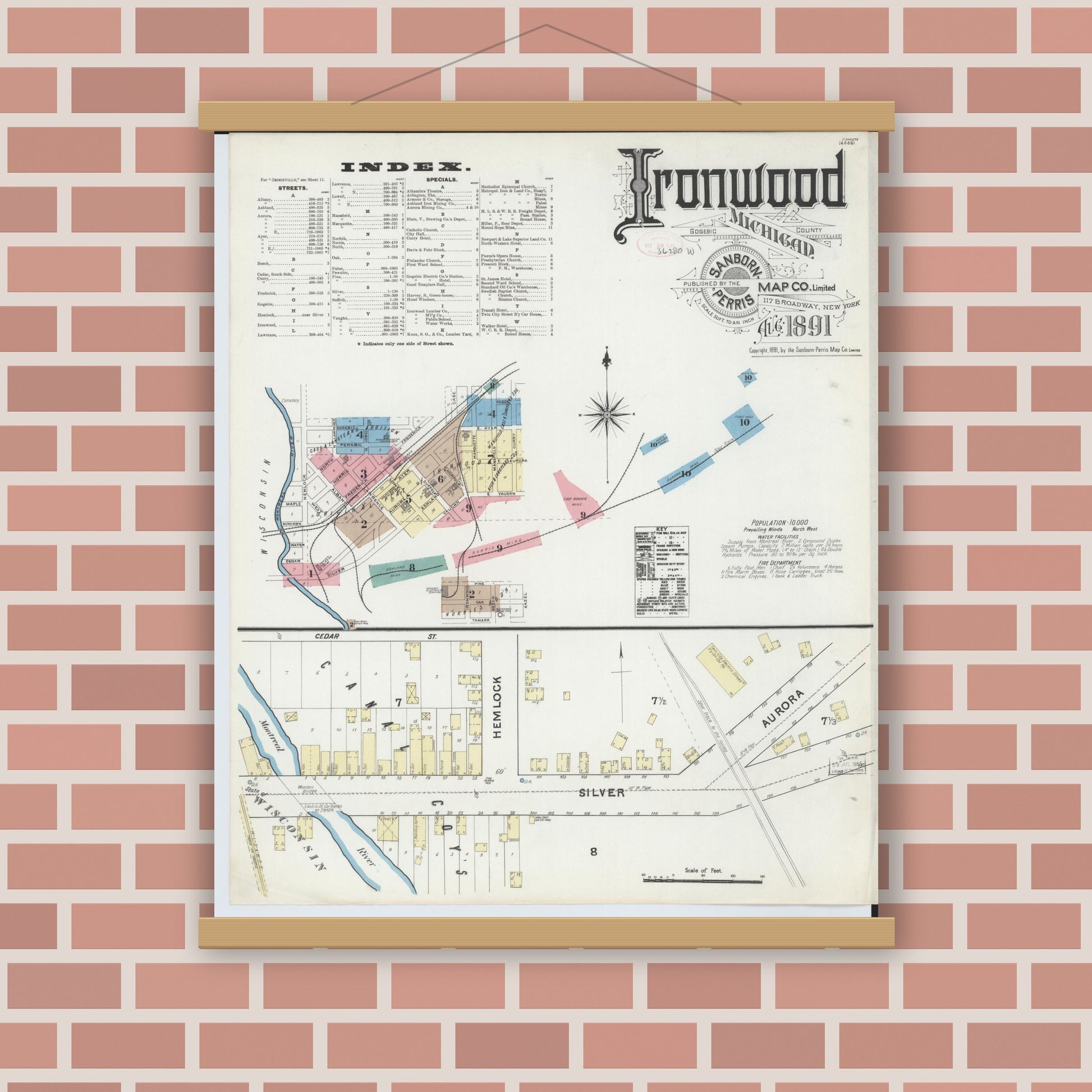 Old map wall art mockup — magnetic wood frame on brick wall — Sanborn Fire Insurance Map from Ironwood, Gogebic County, Michigan (1891) - Complete Map Set