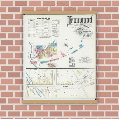 Old map wall art mockup — magnetic wood frame on brick wall — Sanborn Fire Insurance Map from Ironwood, Gogebic County, Michigan (1891) - Complete Map Set